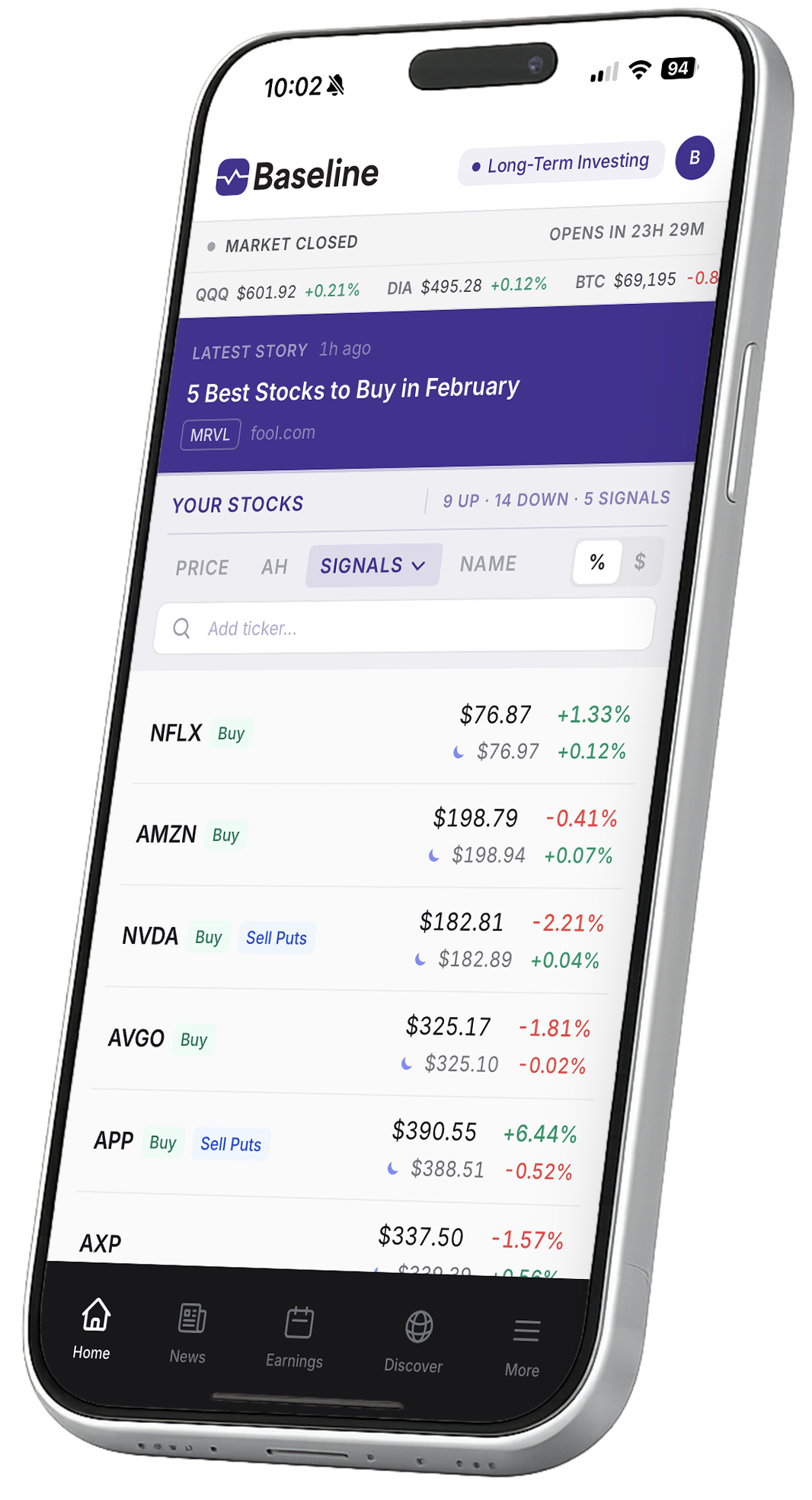 Baseline app showing stocks, signals, and market data