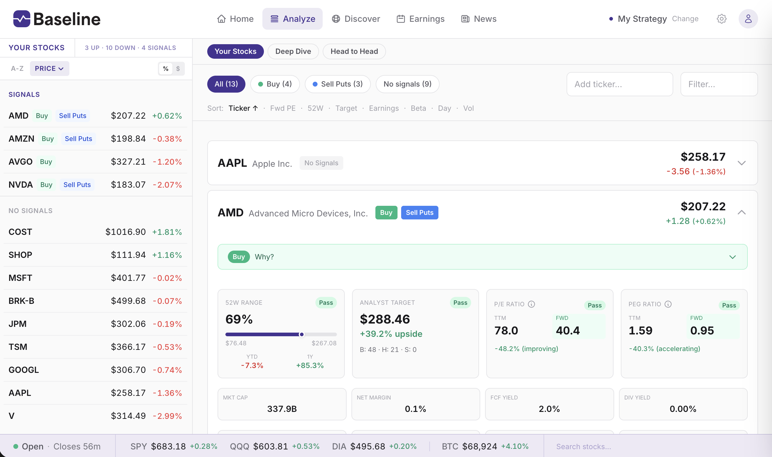 Analyze view showing your stocks with prices, signal badges, and sorting options