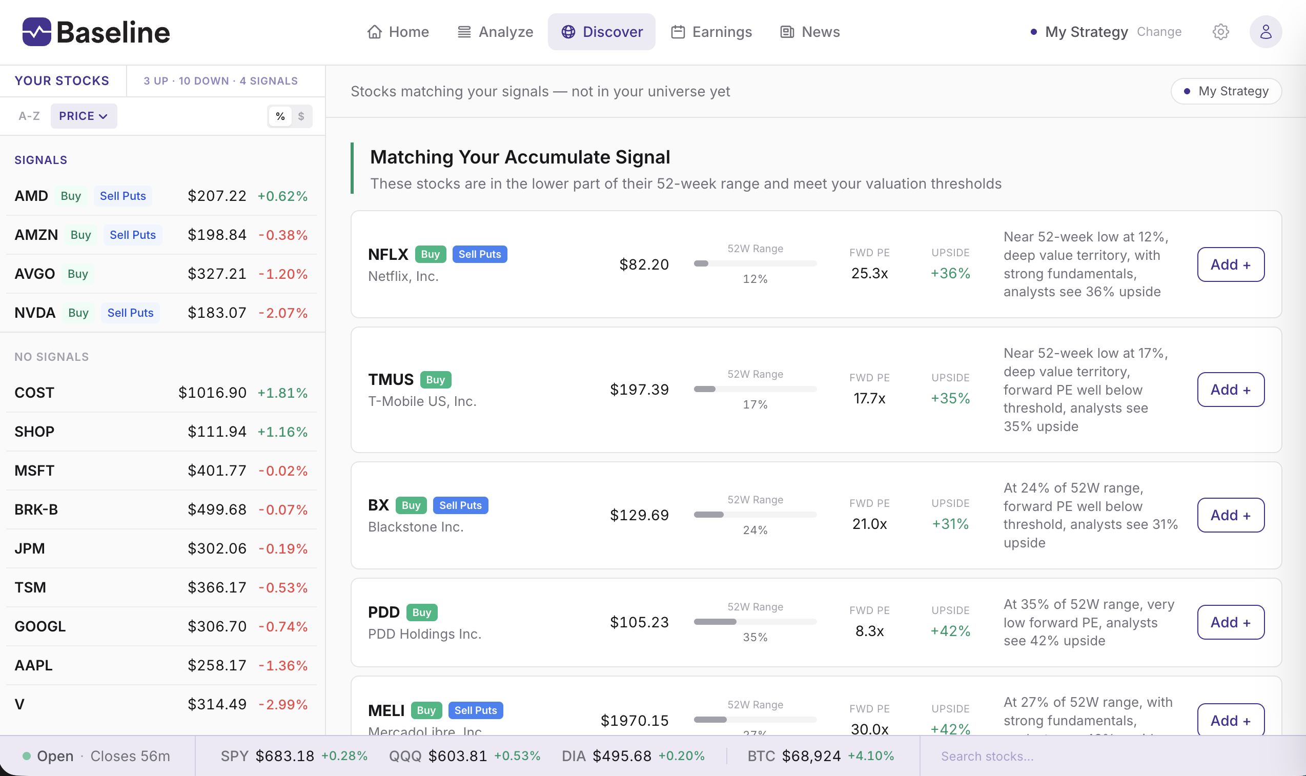 Discover view showing stocks matching your accumulate signal with key metrics