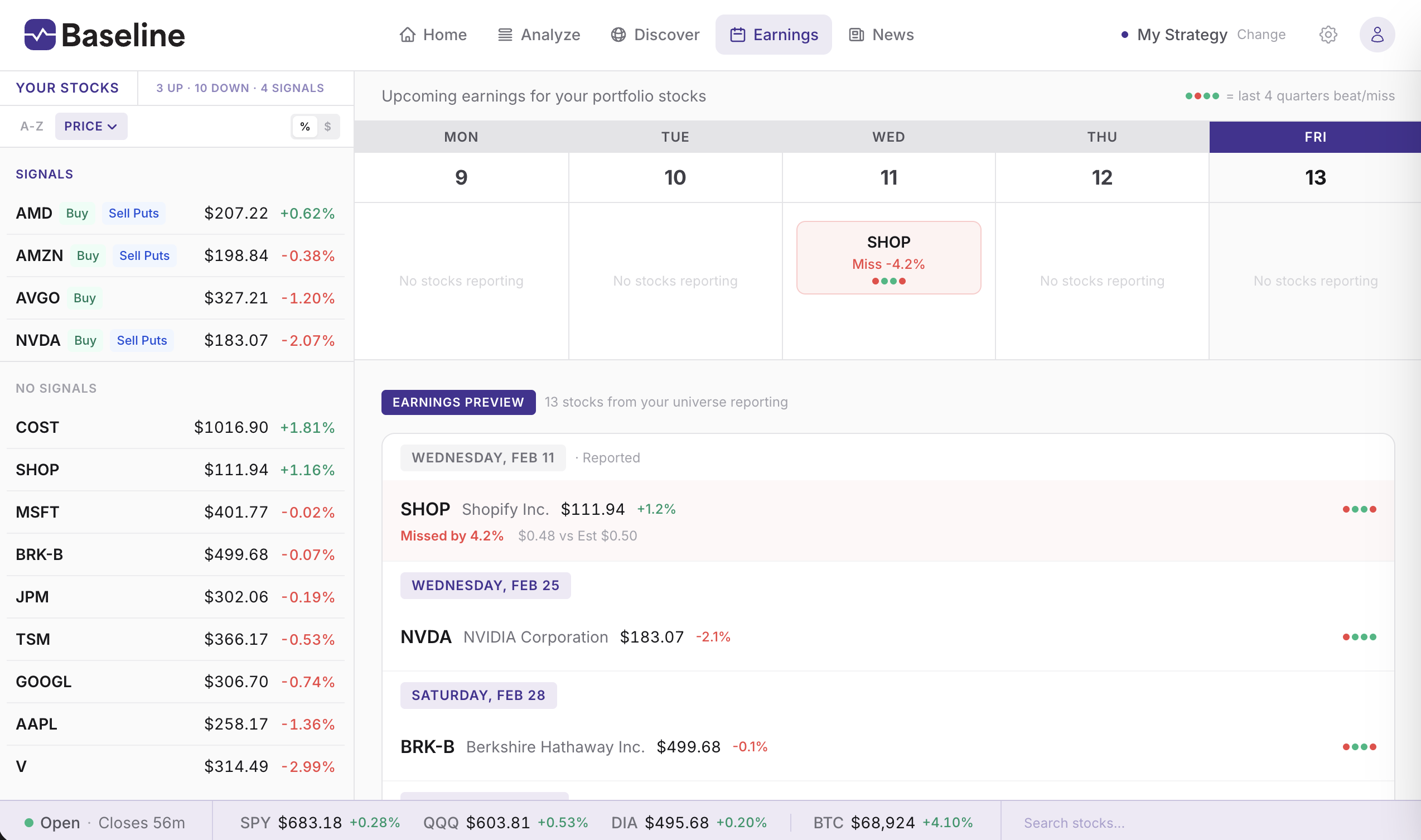 Earnings calendar showing upcoming reports and historical beat/miss data