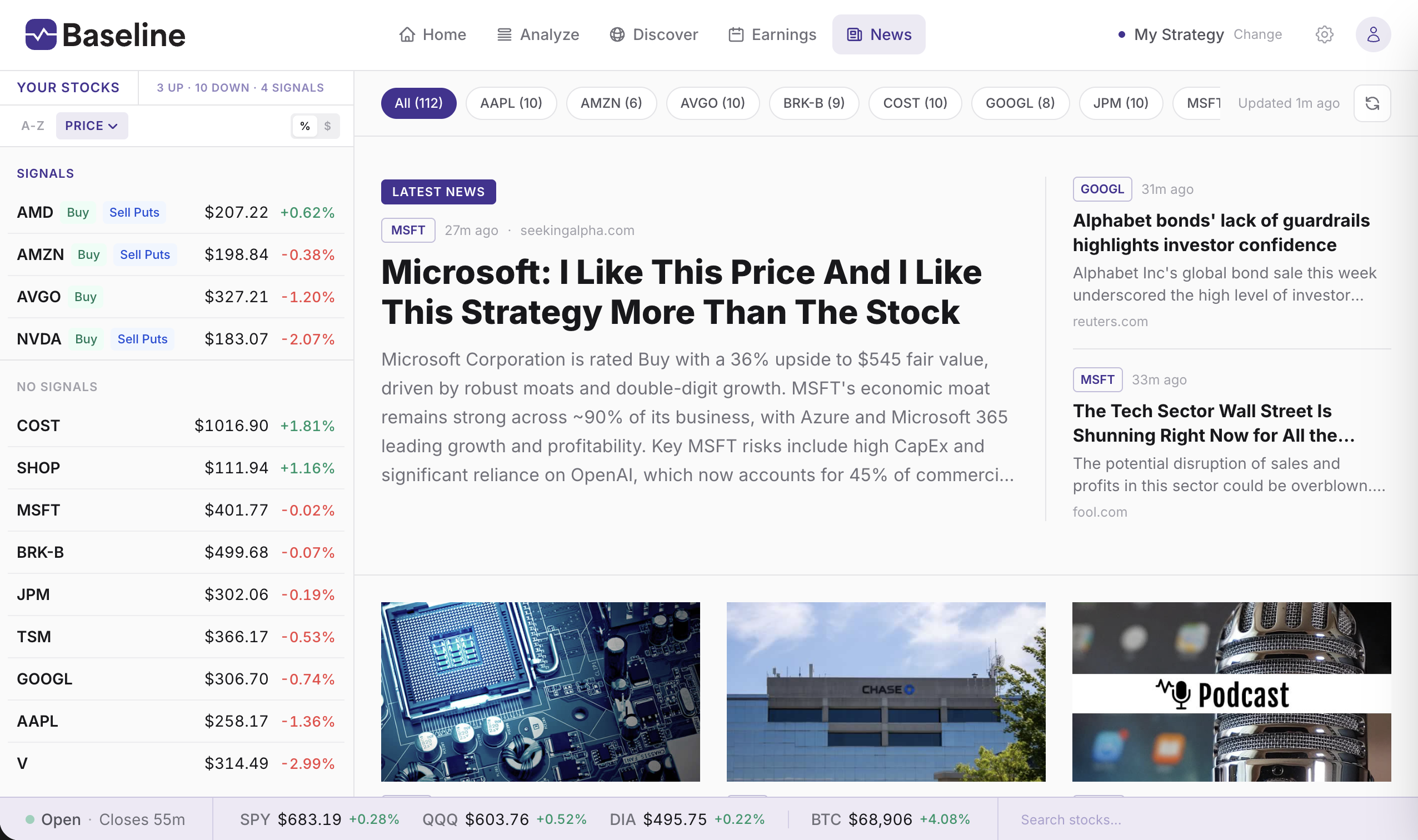 News feed filtered by your stock tickers with article previews